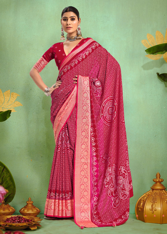 Pure Velvet Tussar Silk Saree with Rani Pink Combination and Elegant Aari Jari Hand Work with Viscose Jackquard Border and Bandhani Tussels