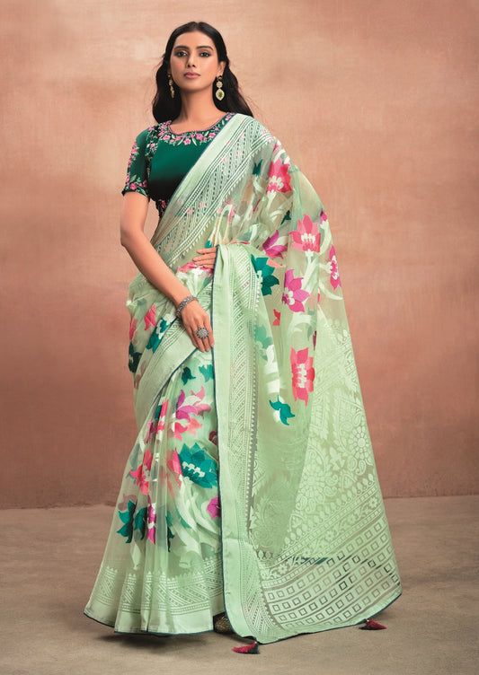 Mint Green Pure Organza Saree with Digital Print and Heavy Dark Green Embroidered Blouse