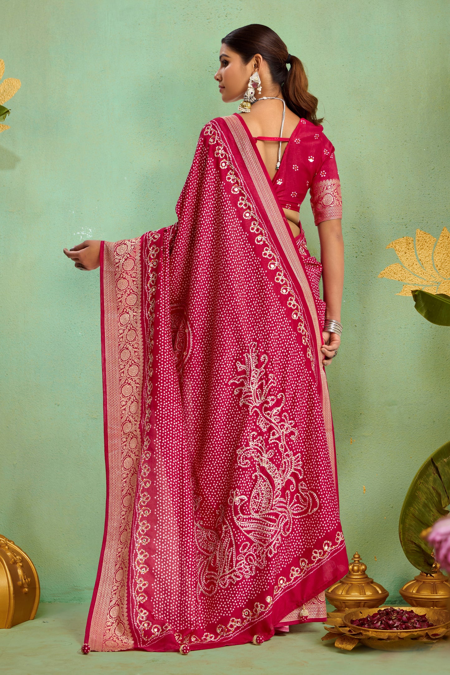 Pure Velvet Tussar Silk Saree with Rani Pink Combination and Elegant Aari Jari Hand Work with Viscose Jackquard Border and Bandhani Tussels