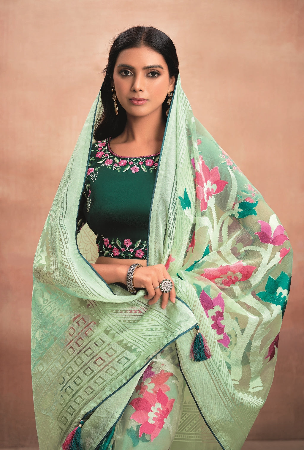 Mint Green Pure Organza Saree with Digital Print and Heavy Dark Green Embroidered Blouse