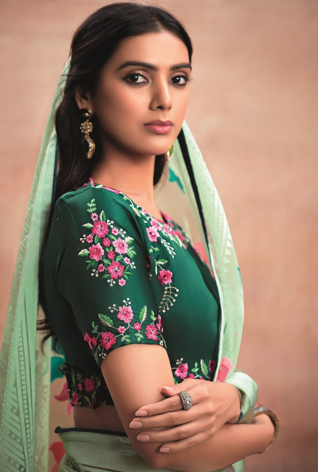 Mint Green Pure Organza Saree with Digital Print and Heavy Dark Green Embroidered Blouse