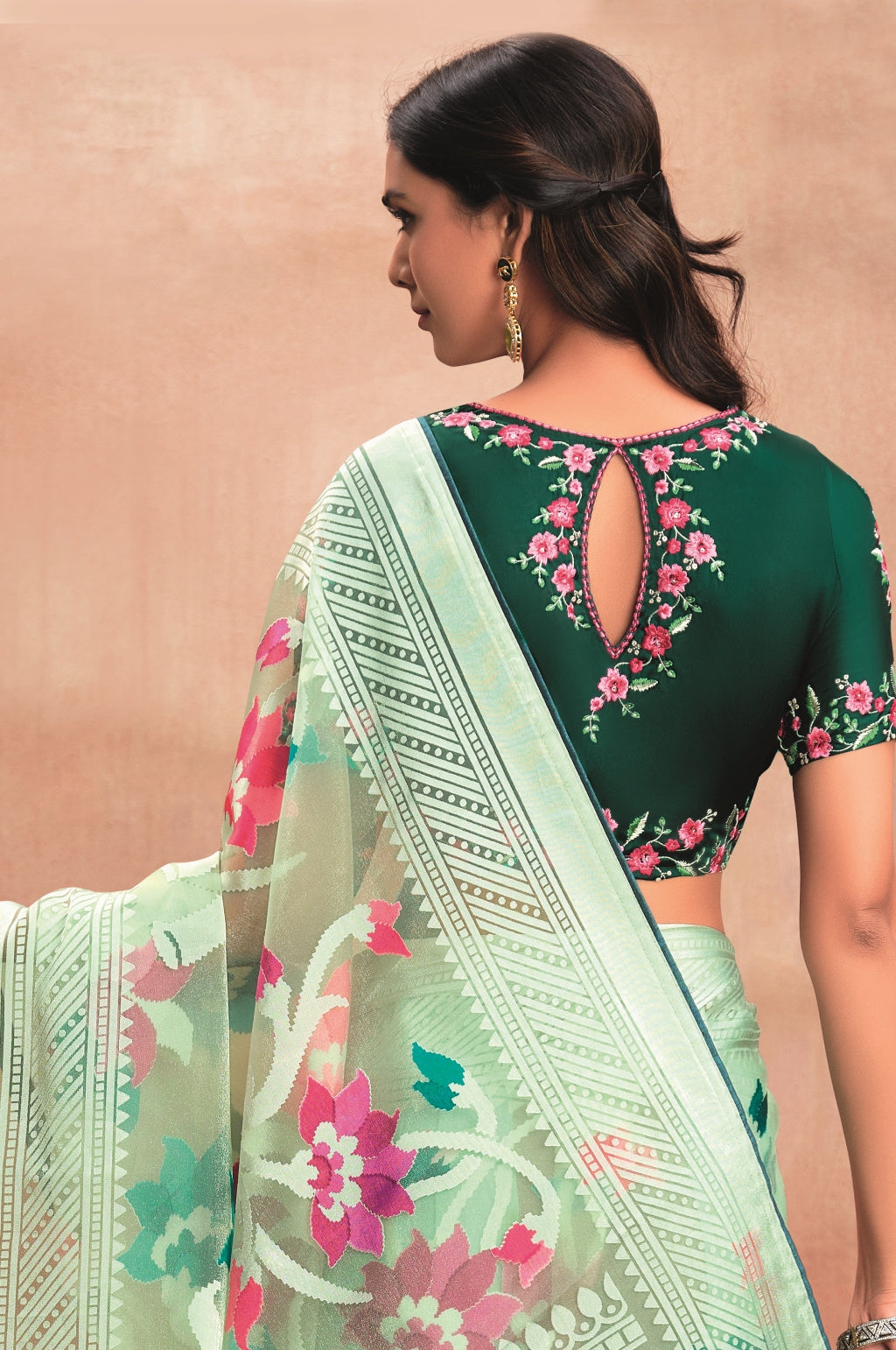 Mint Green Pure Organza Saree with Digital Print and Heavy Dark Green Embroidered Blouse