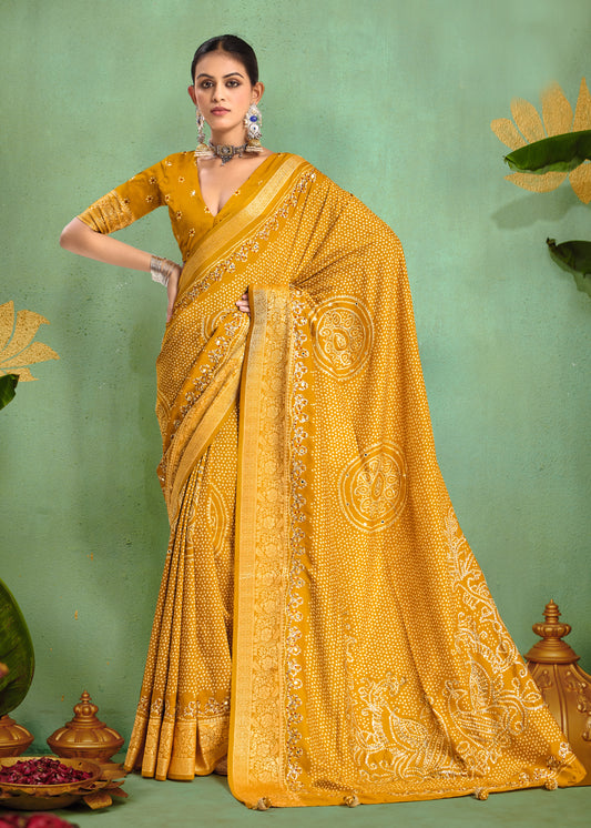 Pure Velvet Tussar Silk Saree with Mustard Yellow Combination and Elegant Aari Jari Hand Work with Viscose Jackquard Border and Bandhani Tussels