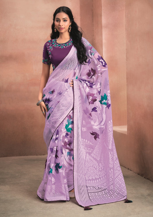 Lavender Pure Organza Saree with Digital Print and Heavy Purple Embroidered Blouse