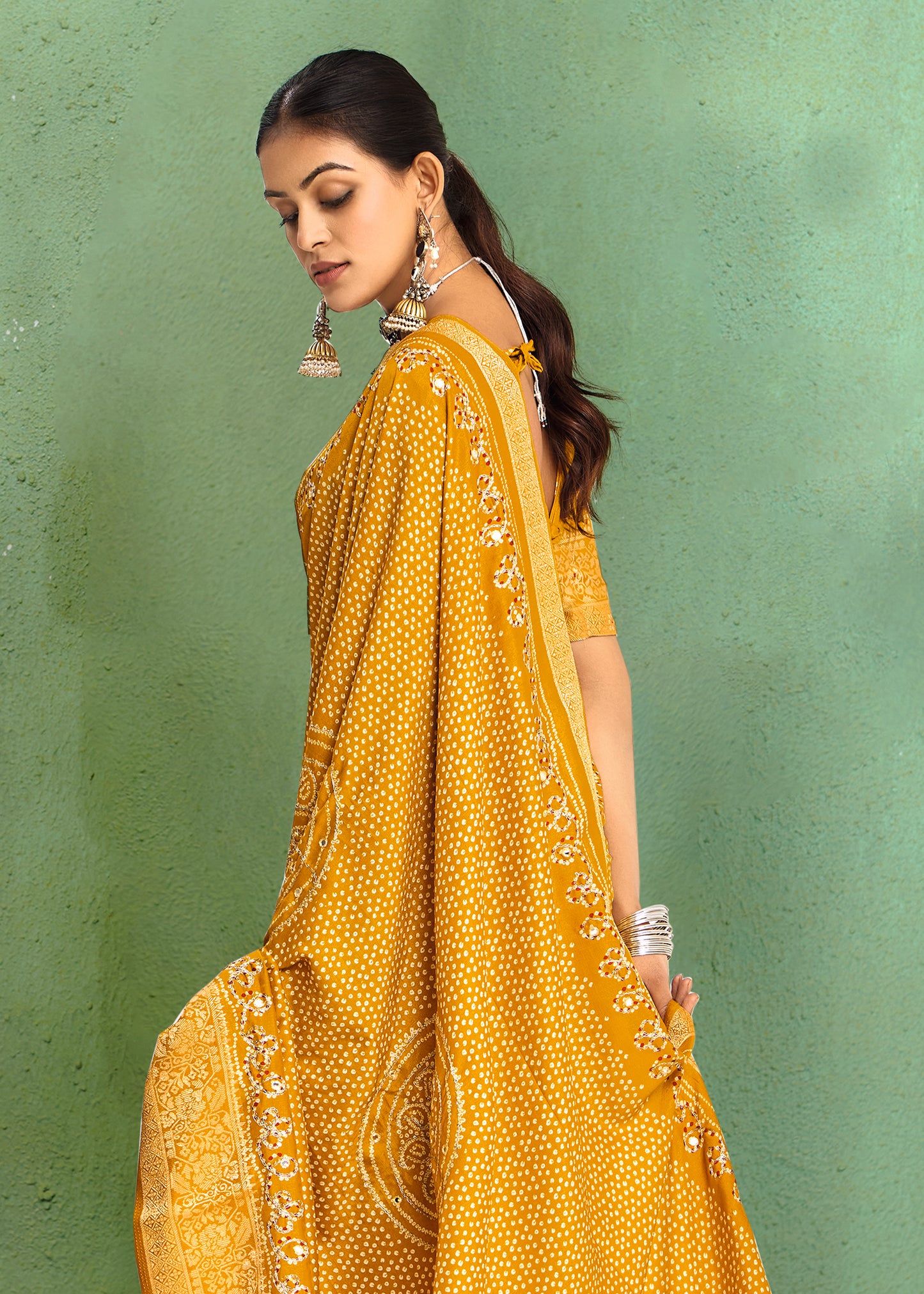 Pure Velvet Tussar Silk Saree with Mustard Yellow Combination and Elegant Aari Jari Hand Work with Viscose Jackquard Border and Bandhani Tussels