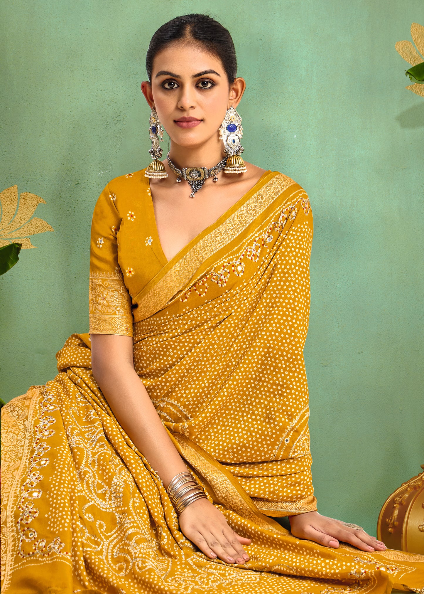 Pure Velvet Tussar Silk Saree with Mustard Yellow Combination and Elegant Aari Jari Hand Work with Viscose Jackquard Border and Bandhani Tussels