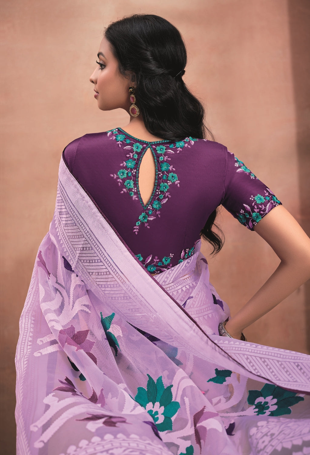 Lavender Pure Organza Saree with Digital Print and Heavy Purple Embroidered Blouse