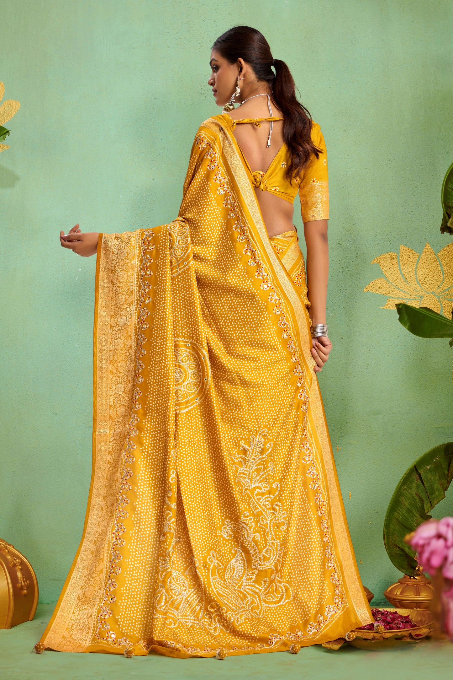 Pure Velvet Tussar Silk Saree with Mustard Yellow Combination and Elegant Aari Jari Hand Work with Viscose Jackquard Border and Bandhani Tussels