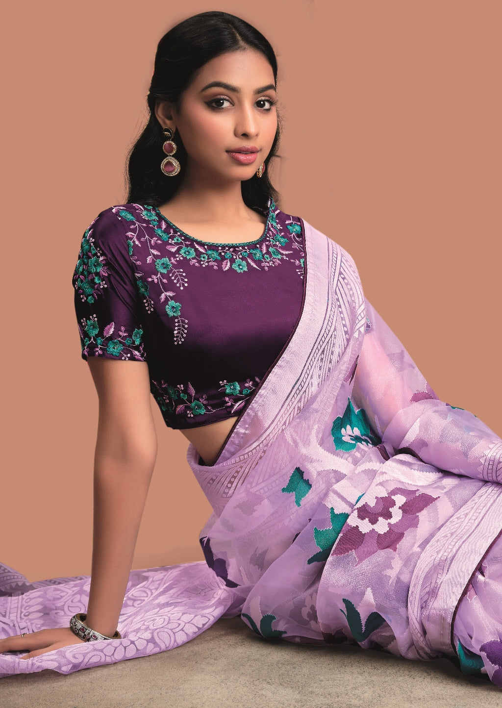 Lavender Pure Organza Saree with Digital Print and Heavy Purple Embroidered Blouse