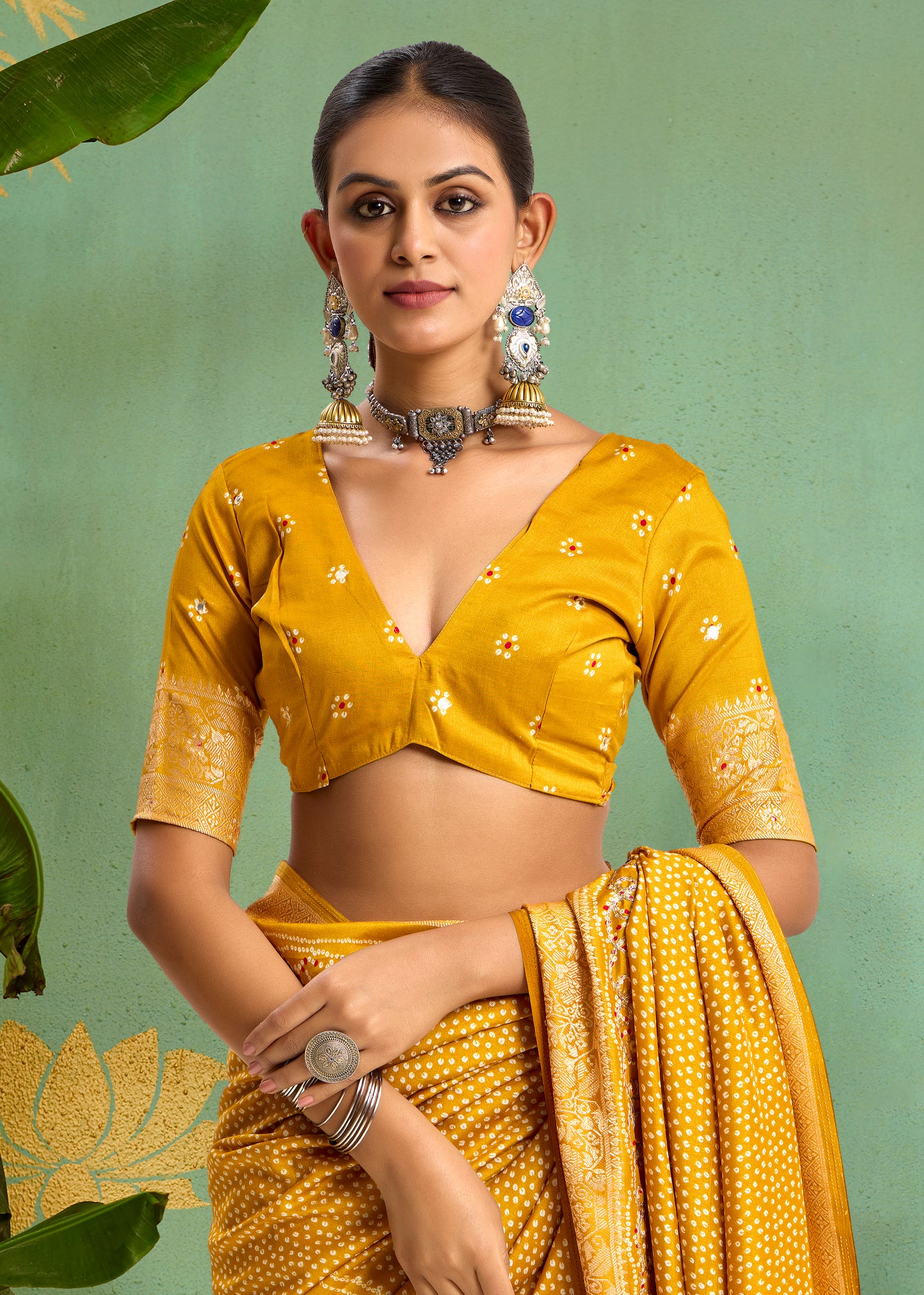 Pure Velvet Tussar Silk Saree with Mustard Yellow Combination and Elegant Aari Jari Hand Work with Viscose Jackquard Border and Bandhani Tussels