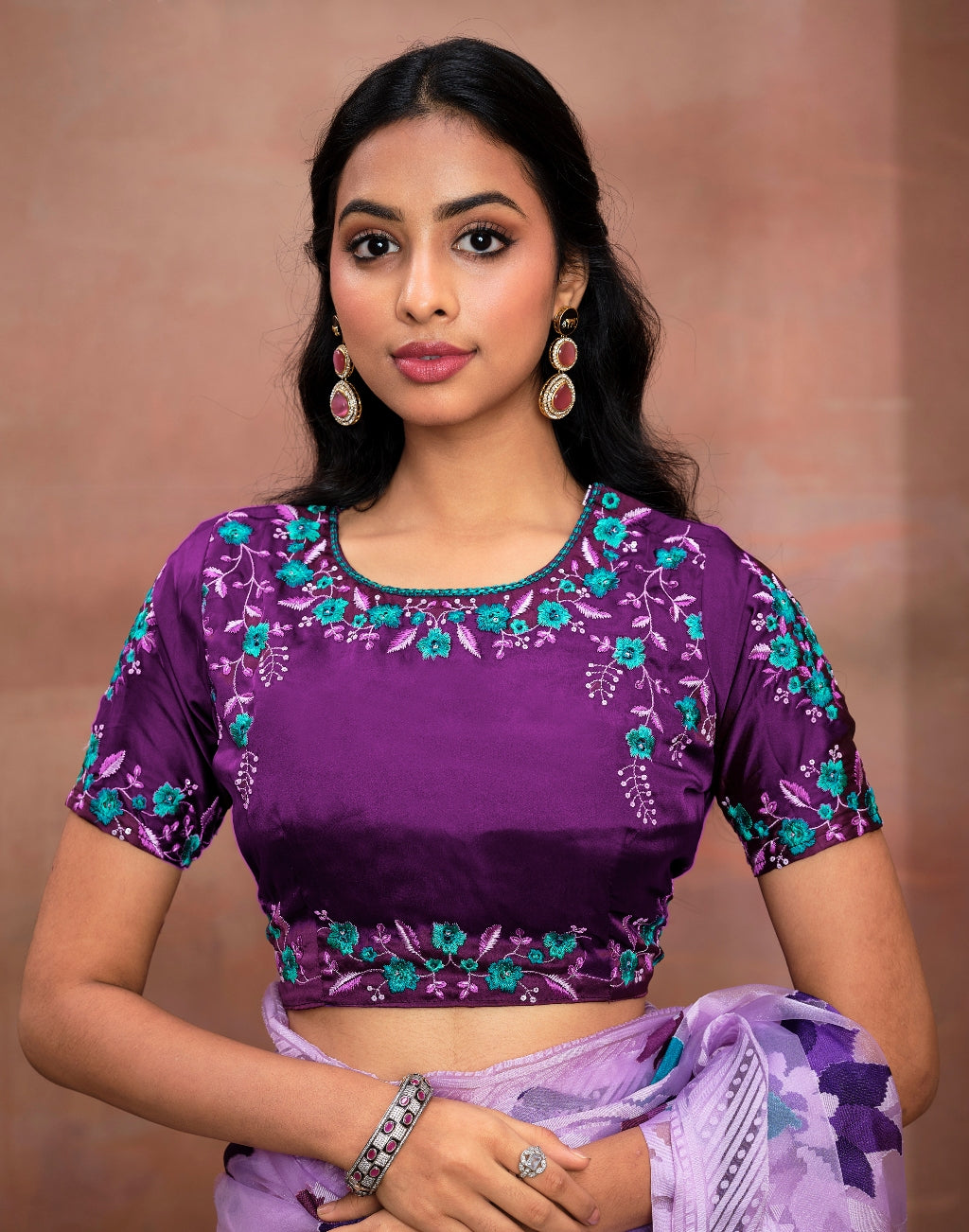 Lavender Pure Organza Saree with Digital Print and Heavy Purple Embroidered Blouse