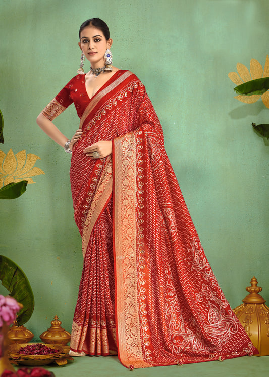 Pure Velvet Tussar Silk Saree with Dark Red Combination and Elegant Aari Jari Hand Work with Viscose Jackquard Border and Bandhani Tussels