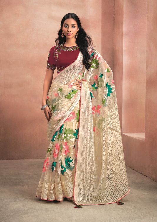 Cream Pure Organza Saree with Digital Print and Heavy Maroon Embroidered Blouse