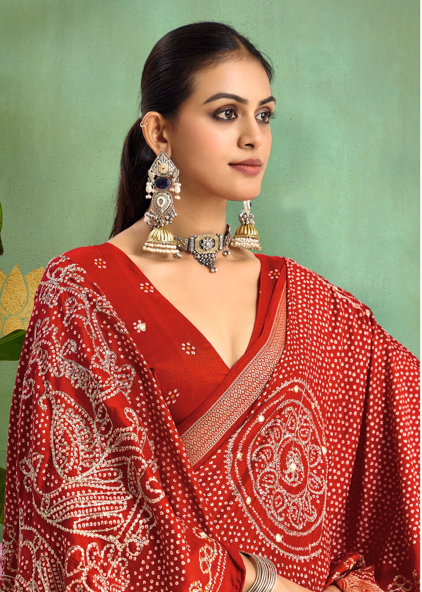 Pure Velvet Tussar Silk Saree with Dark Red Combination and Elegant Aari Jari Hand Work with Viscose Jackquard Border and Bandhani Tussels