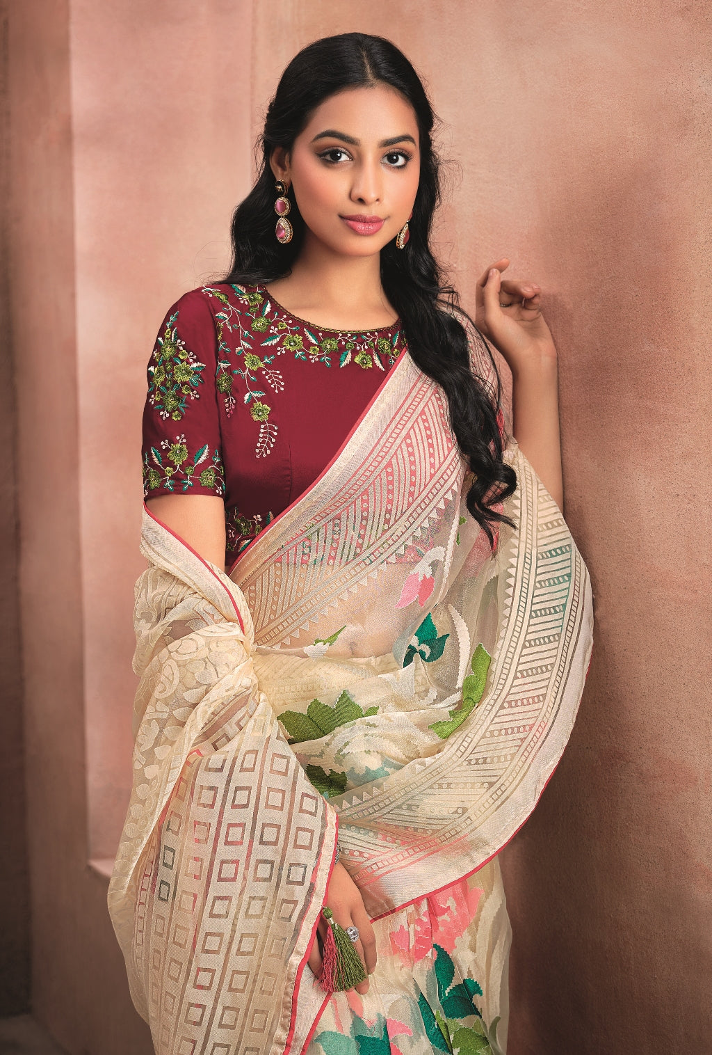 Cream Pure Organza Saree with Digital Print and Heavy Maroon Embroidered Blouse