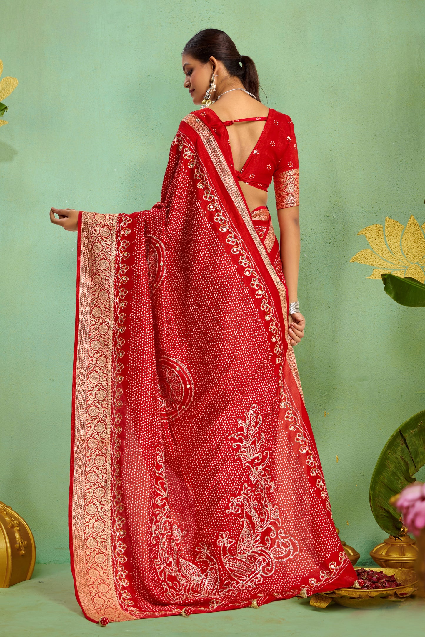 Pure Velvet Tussar Silk Saree with Dark Red Combination and Elegant Aari Jari Hand Work with Viscose Jackquard Border and Bandhani Tussels