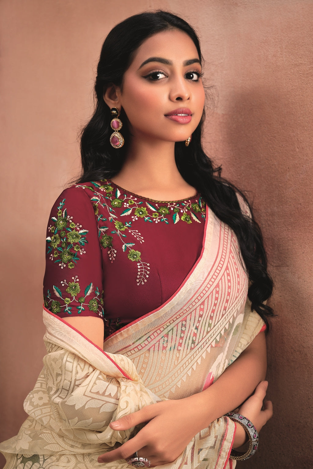 Cream Pure Organza Saree with Digital Print and Heavy Maroon Embroidered Blouse