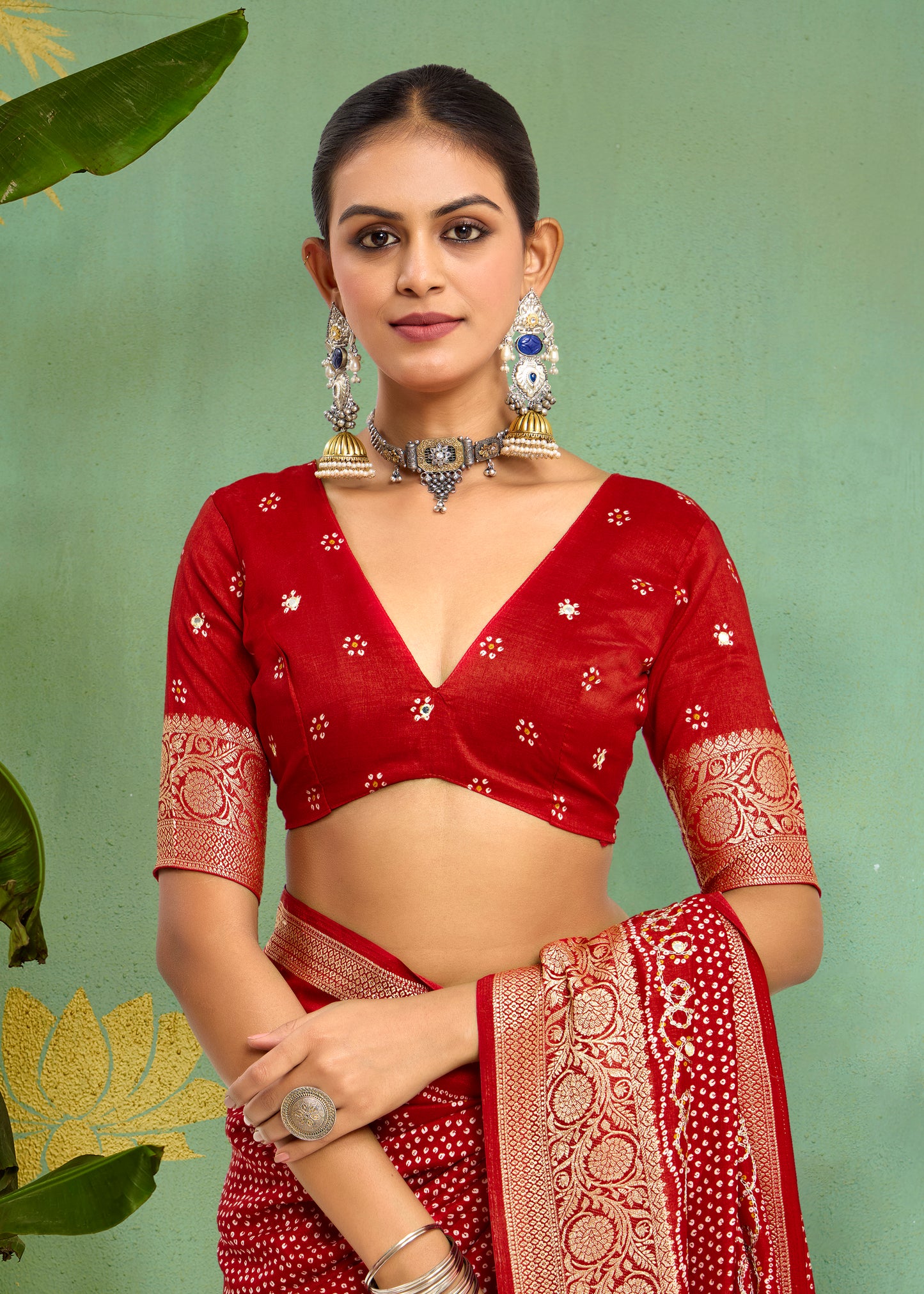 Pure Velvet Tussar Silk Saree with Dark Red Combination and Elegant Aari Jari Hand Work with Viscose Jackquard Border and Bandhani Tussels