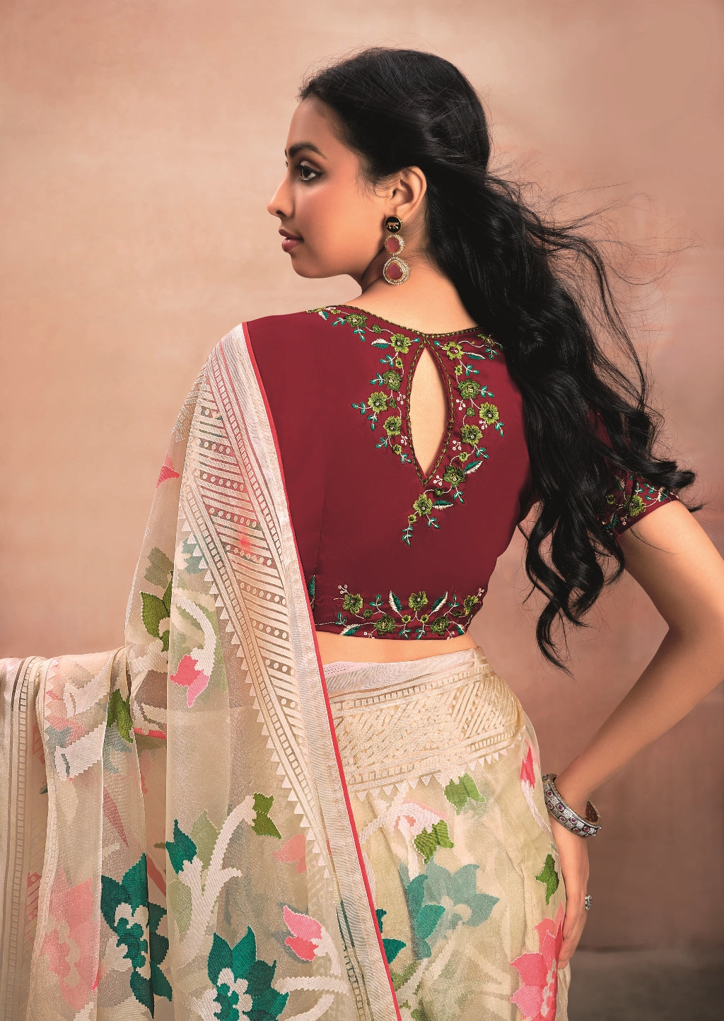 Cream Pure Organza Saree with Digital Print and Heavy Maroon Embroidered Blouse