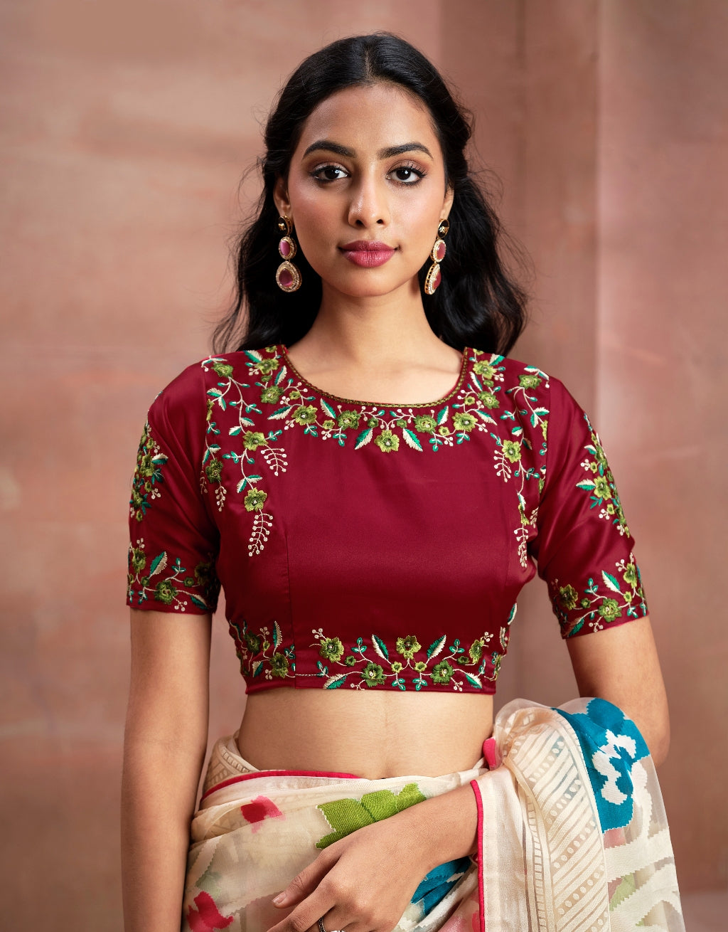 Cream Pure Organza Saree with Digital Print and Heavy Maroon Embroidered Blouse