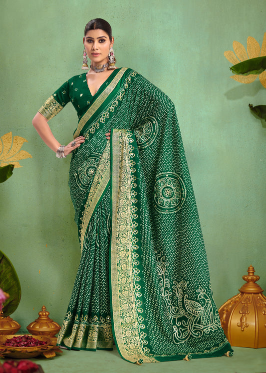 Pure Velvet Tussar Silk Saree with Bottle Green Combination and Elegant Aari Jari Hand Work with Viscose Jackquard Border and Bandhani Tussels