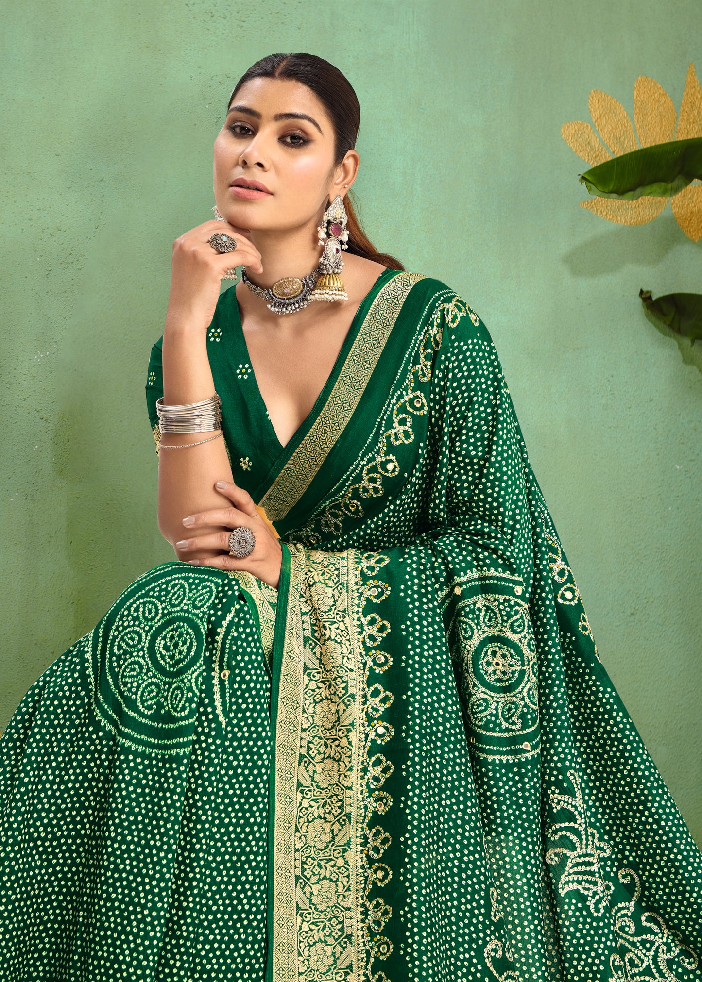 Pure Velvet Tussar Silk Saree with Bottle Green Combination and Elegant Aari Jari Hand Work with Viscose Jackquard Border and Bandhani Tussels
