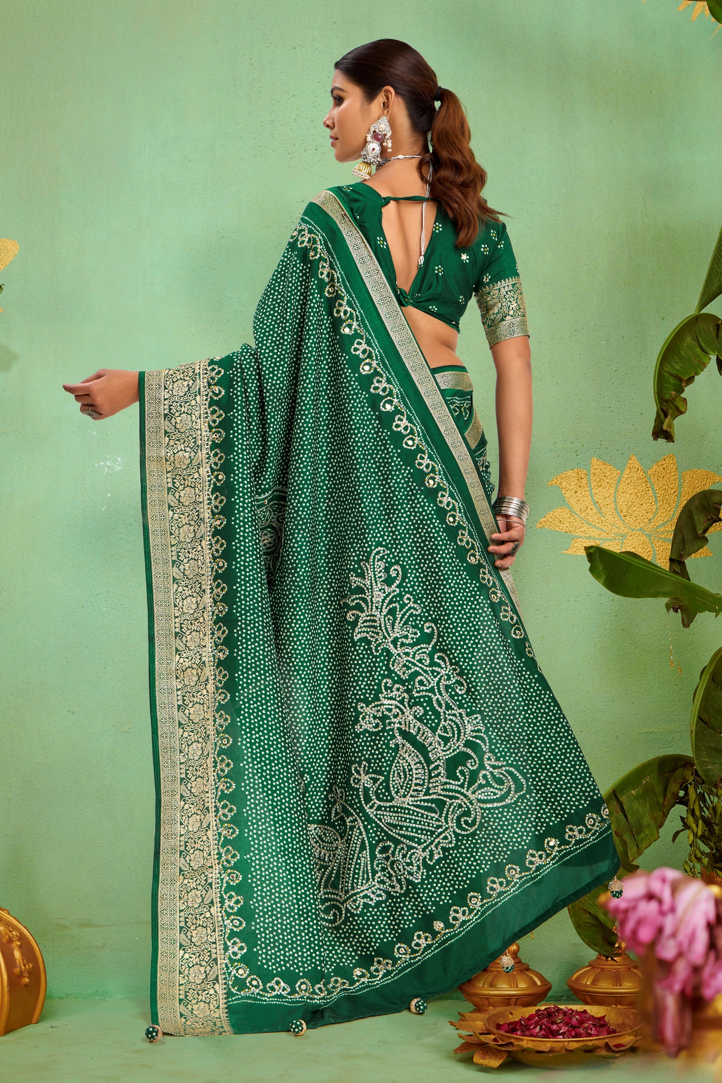 Pure Velvet Tussar Silk Saree with Bottle Green Combination and Elegant Aari Jari Hand Work with Viscose Jackquard Border and Bandhani Tussels
