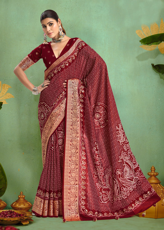 Pure Velvet Tussar Silk Saree with Maroon Combination and Elegant Aari Jari Hand Work with Viscose Jackquard Border and Bandhani Tussels