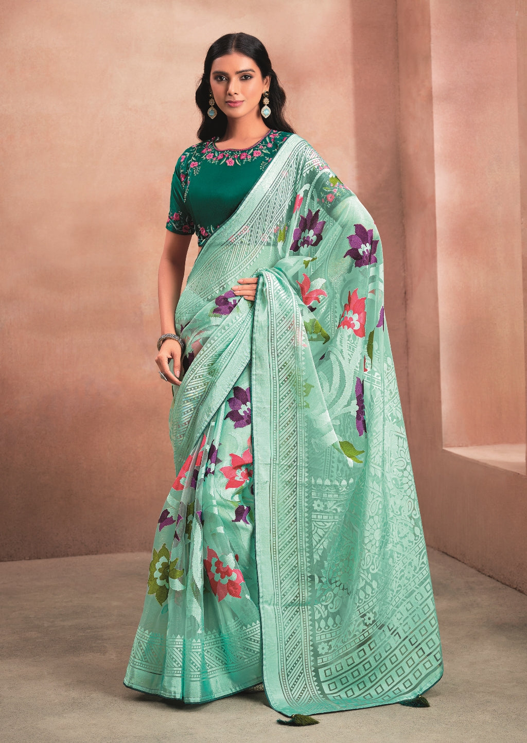 Sea Green Organza Saree with Digital Floral Print and Dark Green Embroidered Blouse