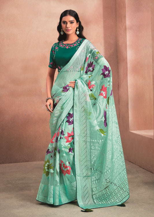 Sea Green Organza Saree with Digital Floral Print and Dark Green Embroidered Blouse