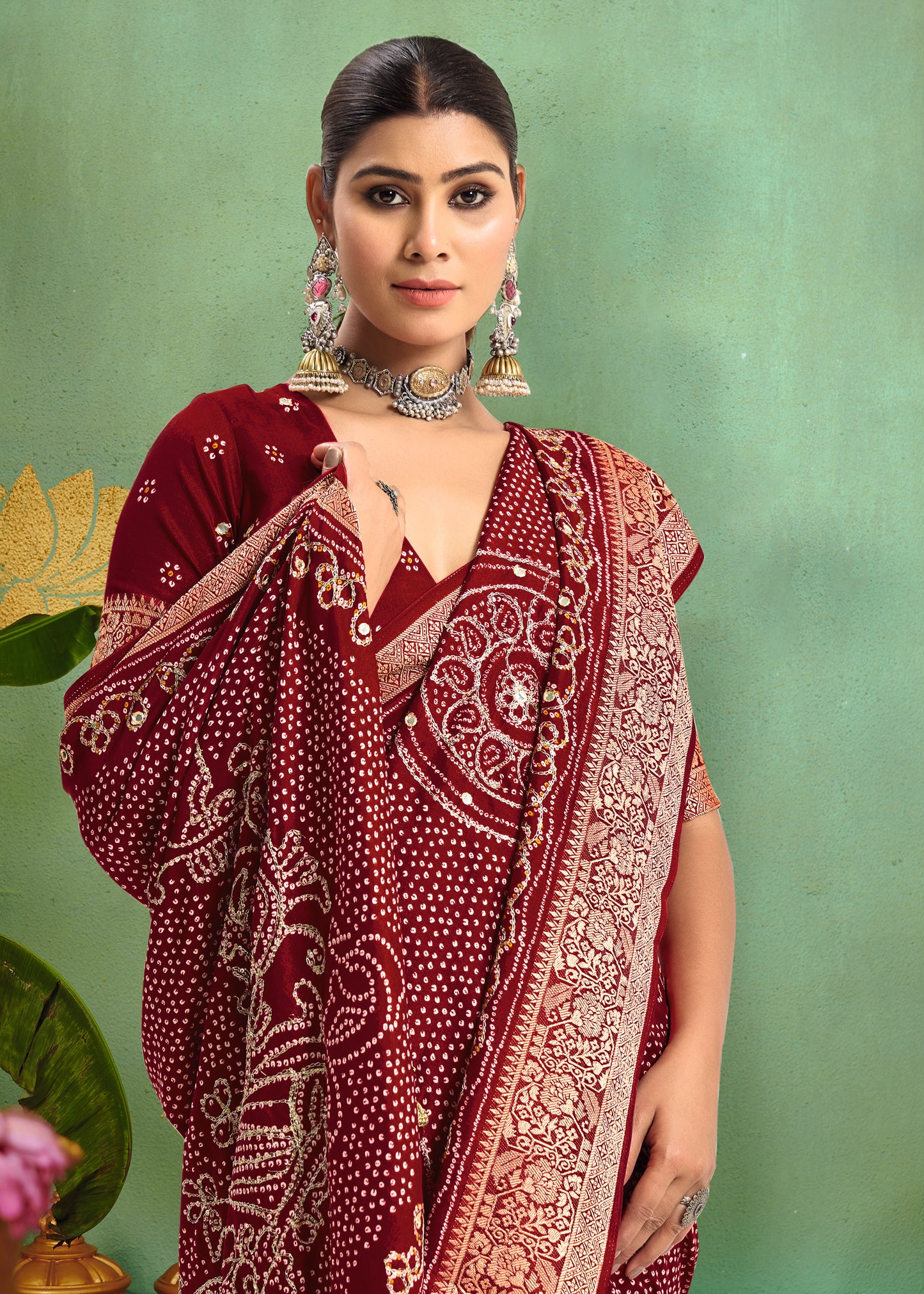 Pure Velvet Tussar Silk Saree with Maroon Combination and Elegant Aari Jari Hand Work with Viscose Jackquard Border and Bandhani Tussels