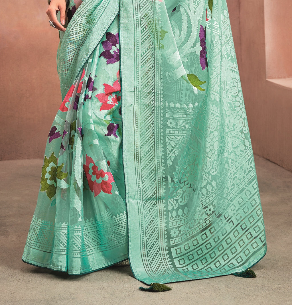 Sea Green Organza Saree with Digital Floral Print and Dark Green Embroidered Blouse