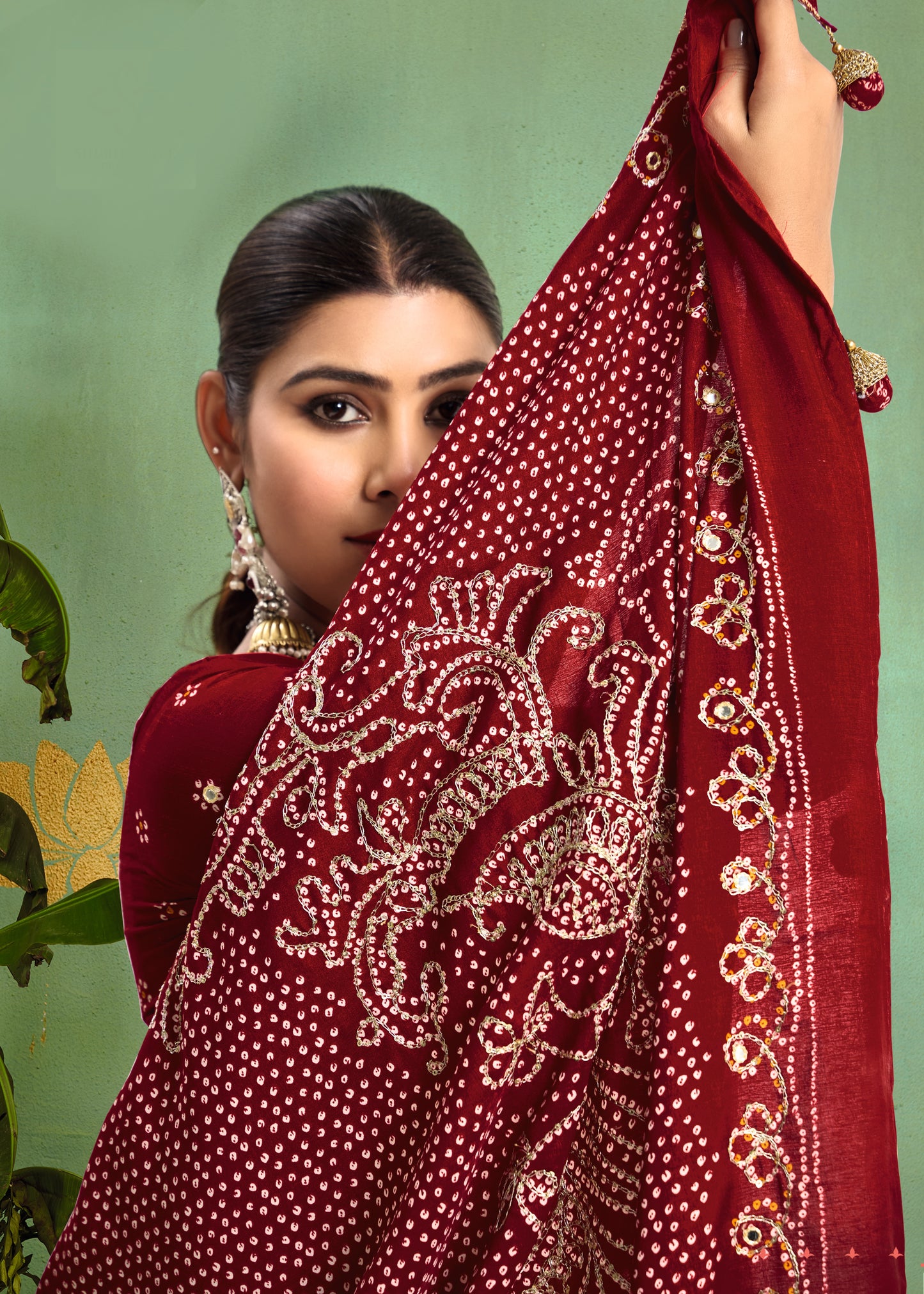 Pure Velvet Tussar Silk Saree with Maroon Combination and Elegant Aari Jari Hand Work with Viscose Jackquard Border and Bandhani Tussels