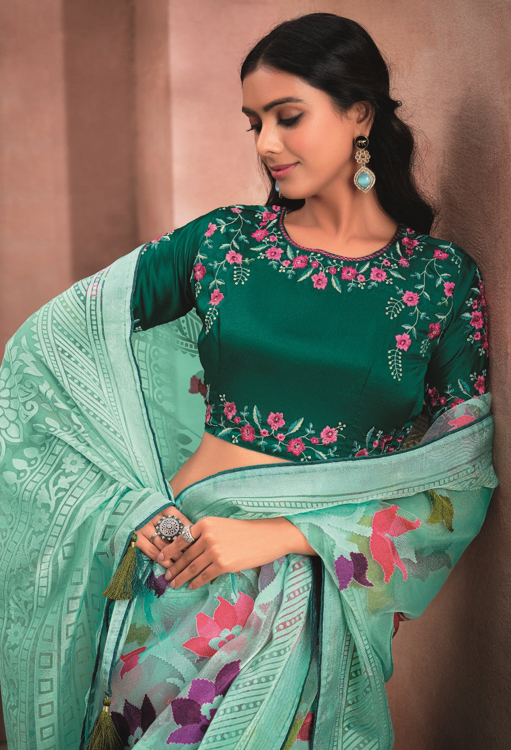 Sea Green Organza Saree with Digital Floral Print and Dark Green Embroidered Blouse