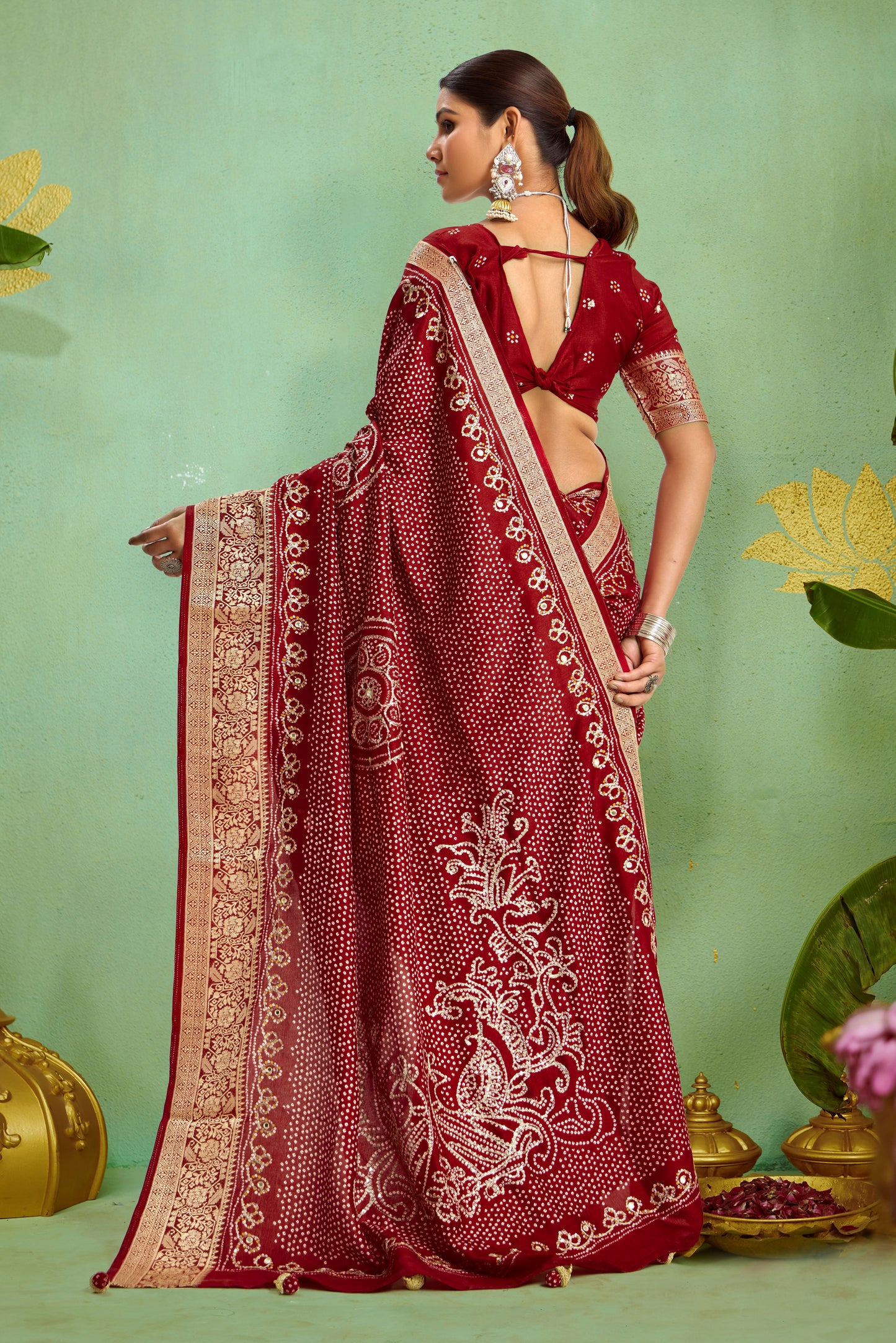 Pure Velvet Tussar Silk Saree with Maroon Combination and Elegant Aari Jari Hand Work with Viscose Jackquard Border and Bandhani Tussels