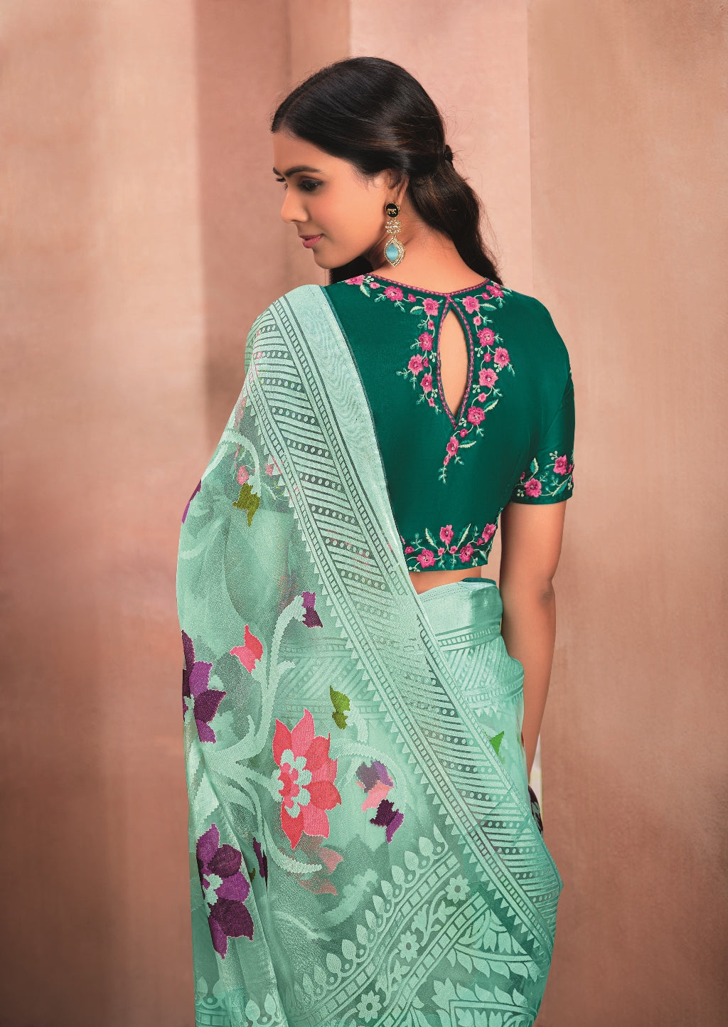 Sea Green Organza Saree with Digital Floral Print and Dark Green Embroidered Blouse