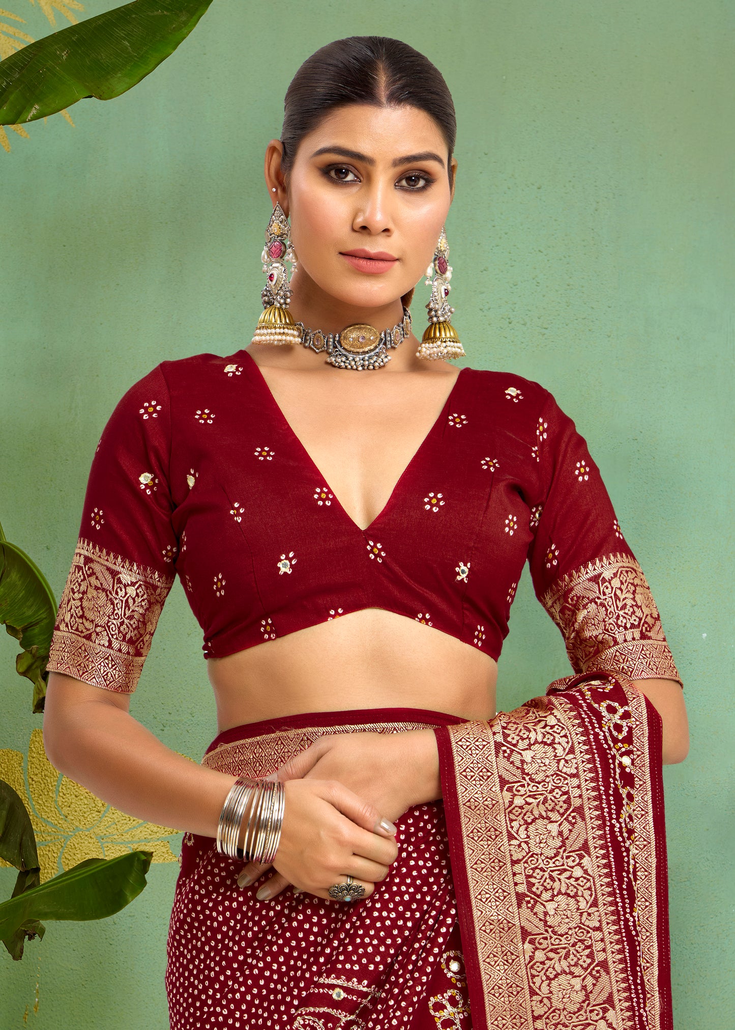 Pure Velvet Tussar Silk Saree with Maroon Combination and Elegant Aari Jari Hand Work with Viscose Jackquard Border and Bandhani Tussels