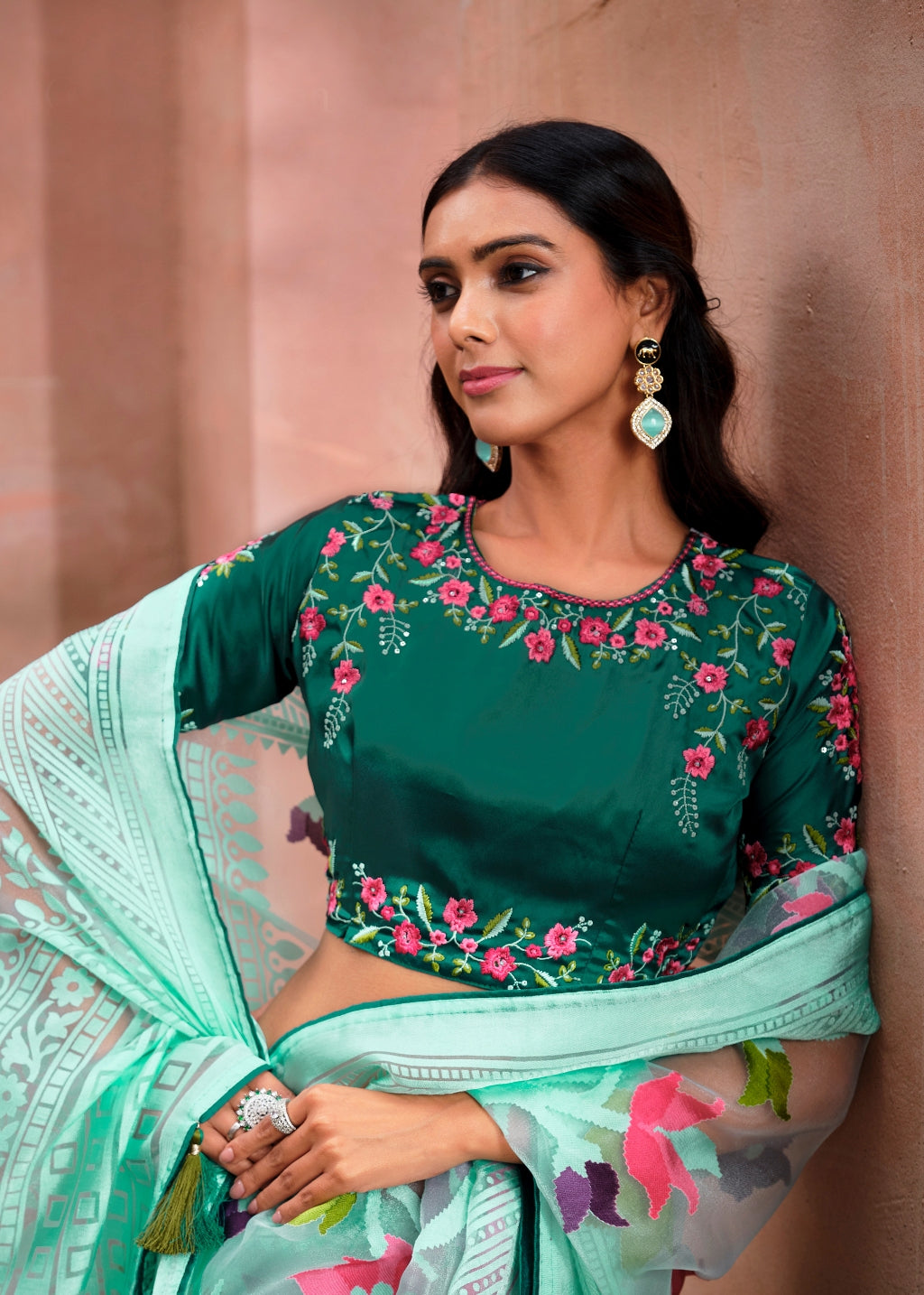 Sea Green Organza Saree with Digital Floral Print and Dark Green Embroidered Blouse