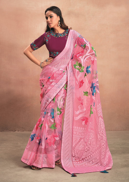 Pink Pure Organza Saree with Digital Floral Print and Designer Border