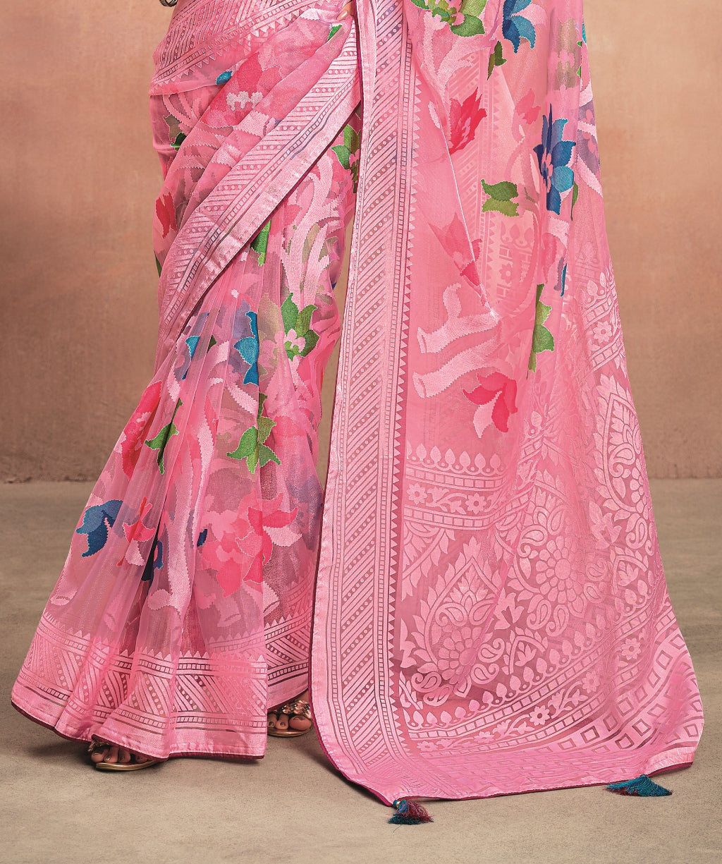 Pink Pure Organza Saree with Digital Floral Print and Designer Border