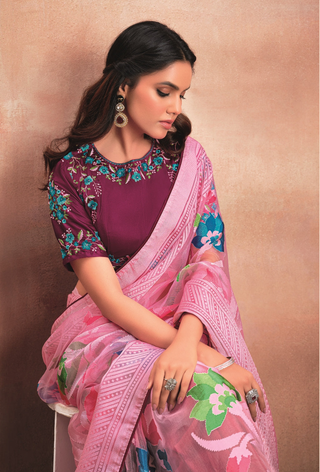 Pink Pure Organza Saree with Digital Floral Print and Designer Border