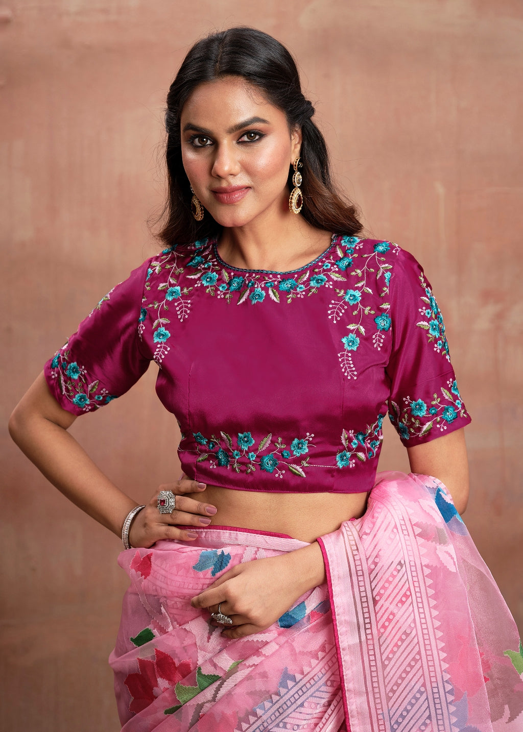 Pink Pure Organza Saree with Digital Floral Print and Designer Border