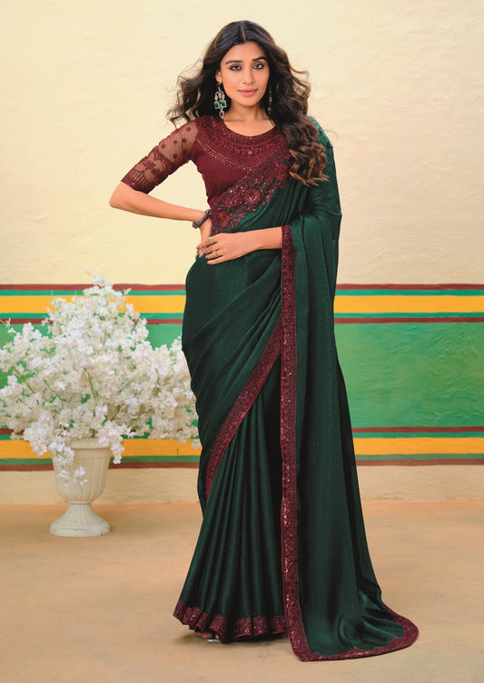 Emerald Green Girlish Look Saree with a Heavy Blouse and Heavy Border