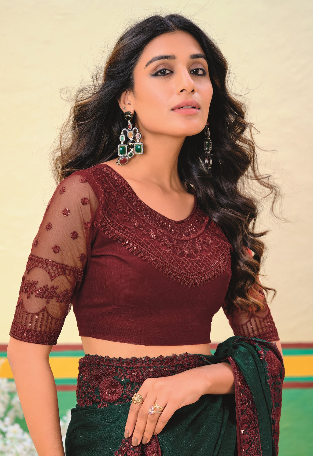 Emerald Green Girlish Look Saree with a Heavy Blouse and Heavy Border