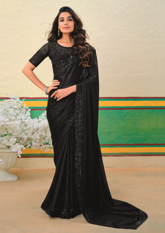 Classic Black Girlish Look Saree with a Heavy Blouse and Heavy Border