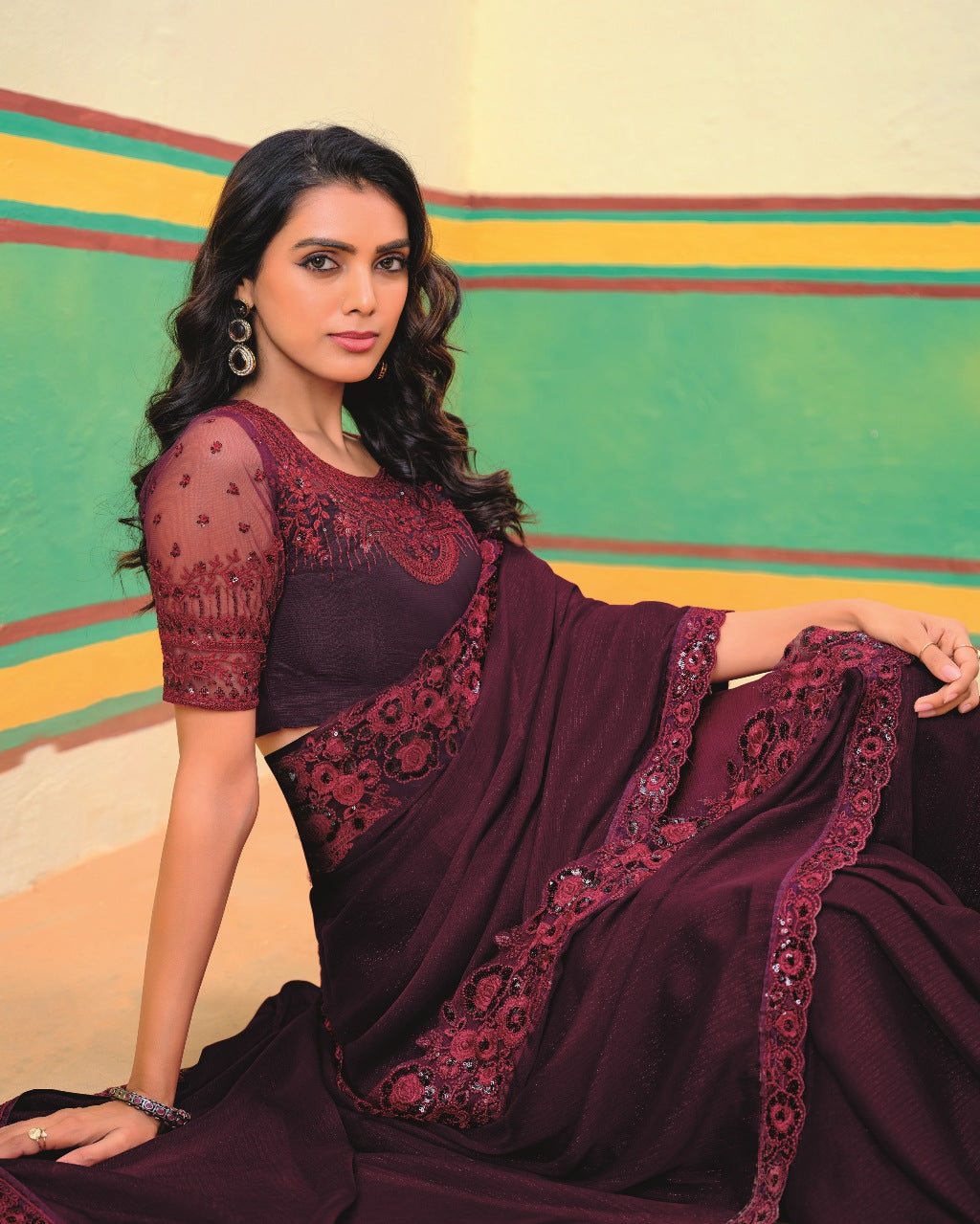 Royal Wine Girlish Look Saree with a Heavy Blouse and Heavy Border
