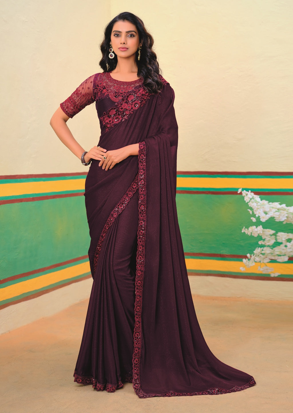 Royal Wine Girlish Look Saree with a Heavy Blouse and Heavy Border