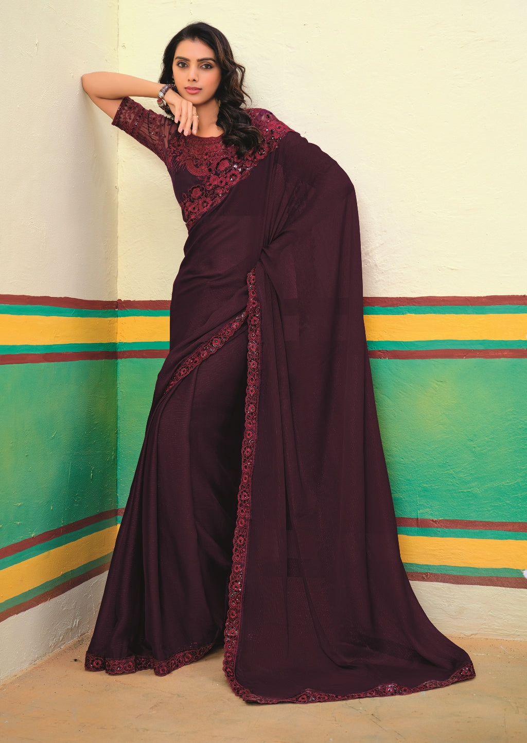 Royal Wine Girlish Look Saree with a Heavy Blouse and Heavy Border