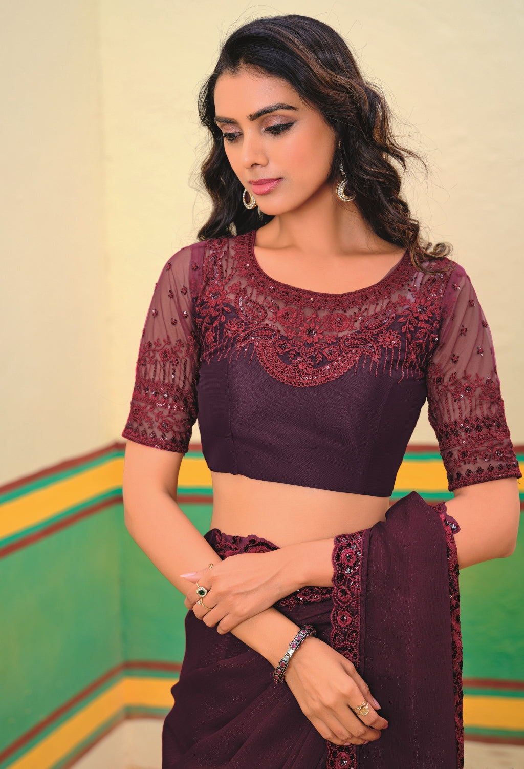 Royal Wine Girlish Look Saree with a Heavy Blouse and Heavy Border