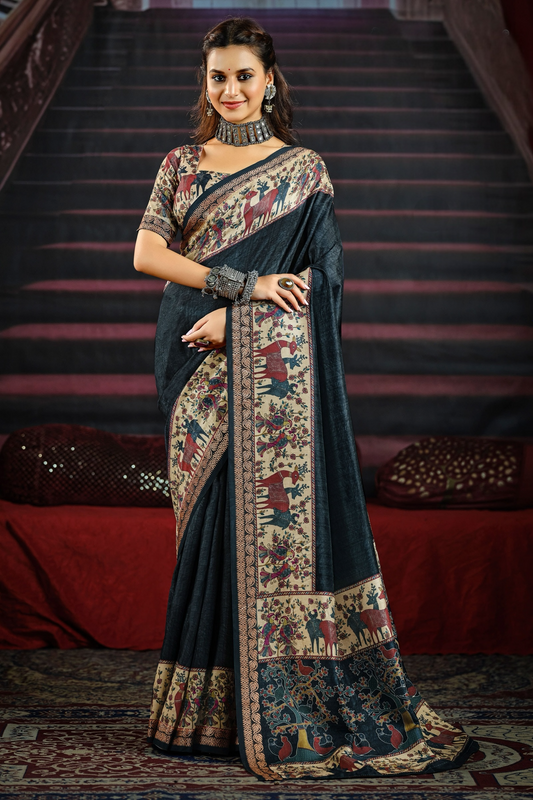 Elegant Black Saree with Traditional Animal and Floral Motifs, Featuring Richly Detailed Pallu and Border, Perfect for Festive and Ethnic occasions